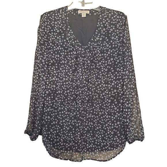Coldwater Creek Black Dotted V-Neck Long Sleeve Chiffon Lined Blouse Size Medium - Picture 1 of 6